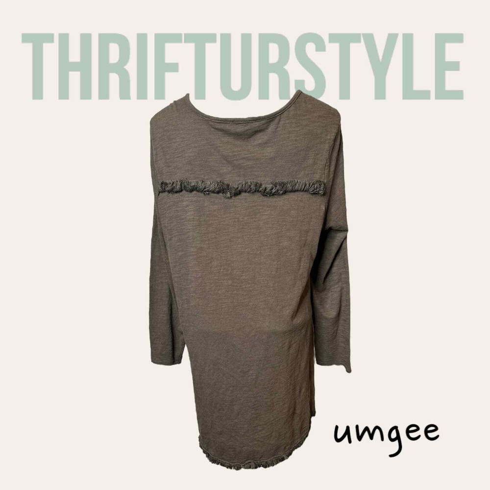 Umgee Tunic Top Olive Green Long Sleeve Fringed Hem Detail Casual Comfy - Picture 3 of 6